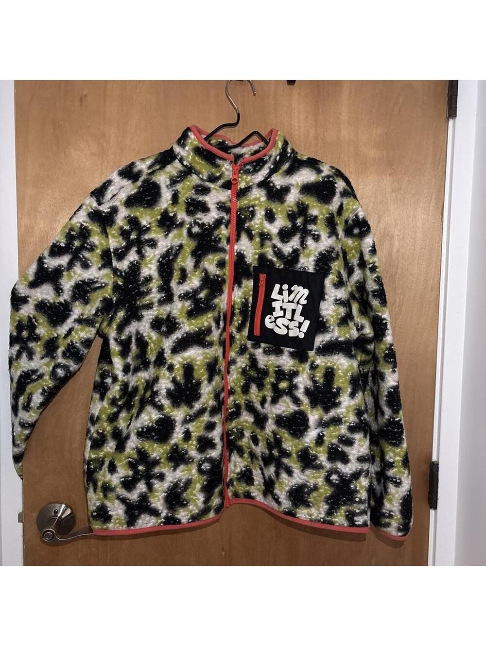 Lime Crime green, black, and white camouflage fleece jacket